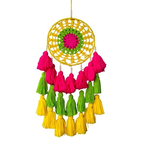 Decorative Crochet Dream Catcher with Tassels and Beads Handmade Bohemian Wall Art for Home Decoration (Pink, Green & Yellow) (8 inch)-image-25