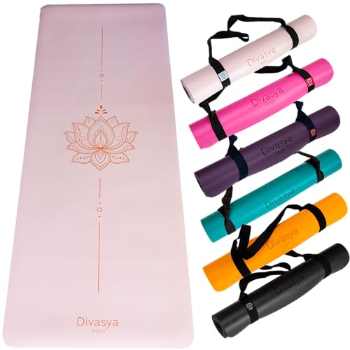 DIVASYA Premium Yogamatte rutschfest: Naturkautschuk rutschfest & japanische professional grip Oberfläche | großzügige Maße 185x68x0,45cm | Tragegurt |4,5mm dicke Yoga Matte rutschfest (Pastell Pink)