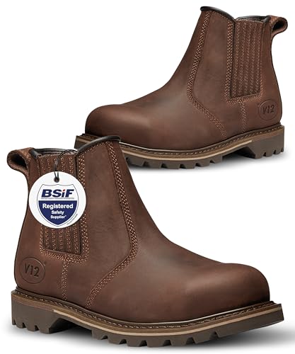 V12 Rawhide Chelsea Boots for Men - Steel Toe Cap Boots with Heat-Resistant Sole & Pierce-Resistant Midsole - Brown Size UK 10