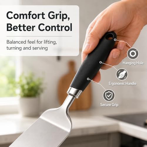 JXWING 11 Inch Metal Spatula for Cast Iron Skillet, 304 Stainless Steel Griddle Spatula Turner for Burgers, Fish, Eggs, Pancakes, BBQ Grill & Flat Top Cooking, Dishwasher Safe, Black by JXWING - Image 6