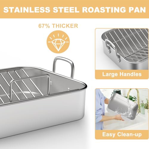 Roasting Pan, Deedro 17*13 Inch Stainless Steel Turkey Roaster with Rack - Deep Broiling Pan & V-shaped Rack & Flat Rack, Non-toxic & Heavy Duty, Great for Thanksgiving Christmas Roast Chicken Lasagna by Deedro - Image 4