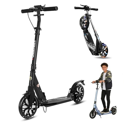 ZQHQKJ Kick Scooter for Teens & Adults. Foldable, Lightweight, LED Big Wheels Kick Scooter for Kids, Teen and Adults, 4 Adjustable Levels. Bearing ABEC9, Max Load 300 LBS.,Black