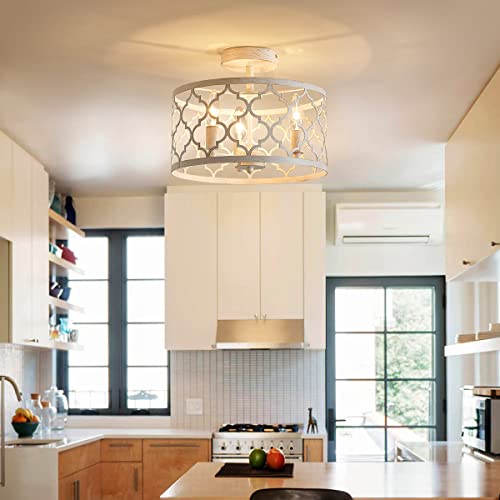 WUZUPS Chandelier 3-Light Vintage Farmhouse Semi-Flush Mount Ceiling Light Lighting Fixture for Foyer Bedroom Hallway Storage Room Kitchen Bathroom, H 9.8" x W 12.4", E12 Base, Antique White by WUZUPS - Image 9