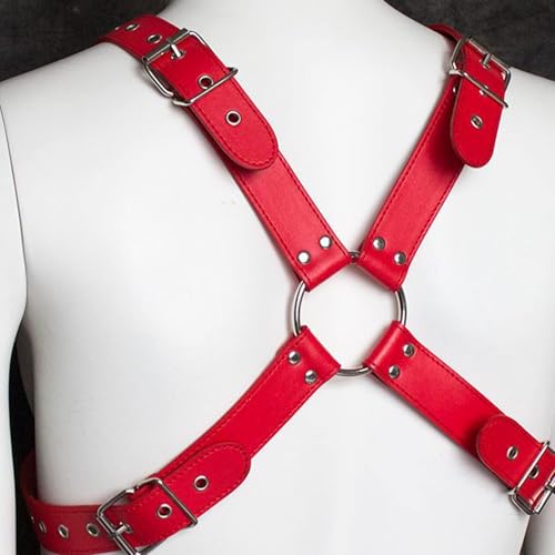 Punk Body Brust Harness für Herren - Leder Brustgurt, Gothic Kleidung Einstellbar, Sexy Sklave Bandage Kostüm, Schultergurt für Cosplay Nachtshow-Kostüm Clubwear (Rot)