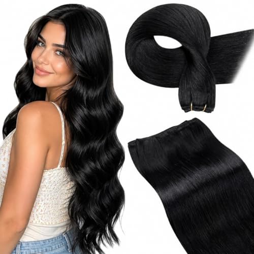 LaaVoo Extension Capelli Veri Tessitura Nero Jet 50cm 100g, Matassa Lucente Remy, Nero Intenso e Brillante, per un Look alla Moda #1