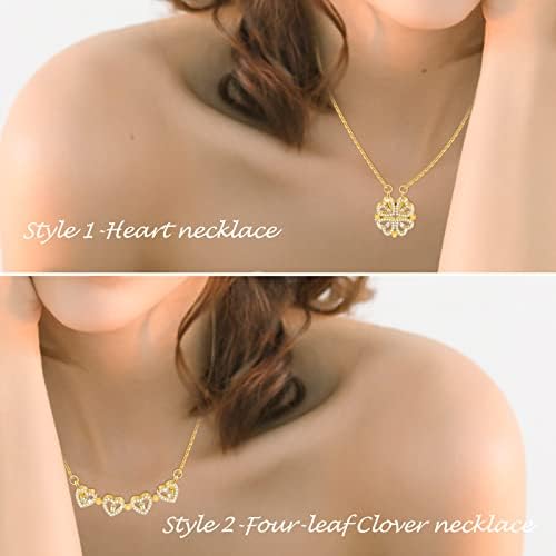 VU100 2 in 1 Four Leaf Clover Necklace Charm Lucky Delicate Necklace Heart Magnetic Pendant Crystal Sparkle Necklace Jewellery Gift for Women Girlfriend (Silver/Gold)