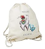 DESIGN - Der perfekte Rucksack für Abenteuerlustige. Der Beutel zeigt ein süßes bepacktes Alpaka mit einer schicken südamerikanischen Satteldecke. Das Motiv wurde wundervoll in Wasserfarben ausgearbeitet. Die Naturfarbe des Beutels wirkt wie Sand.