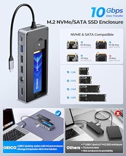 ORICO 8 in 1 USB C Docking Station con Case SSD M.2, USB C Hub con SSD M.2 NVMe/SATA, 10Gbps, 4K@60Hz HDMI, 100W PD, Ethernet, Lunghezza del Cavo 15cm - OM28PR