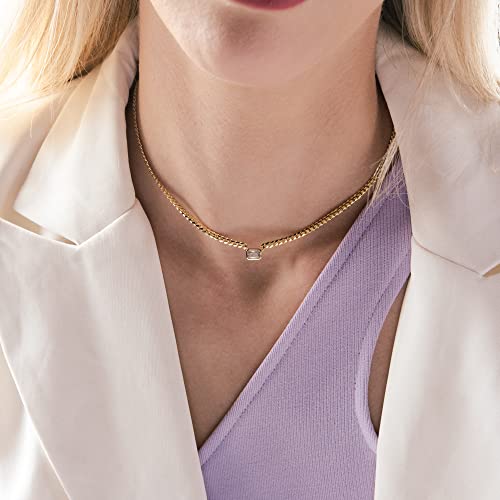 espere Baguette CZ Necklace | Emerald Cut Pendant Cuban Link Chain Choker 14'' with 2'' Extender3