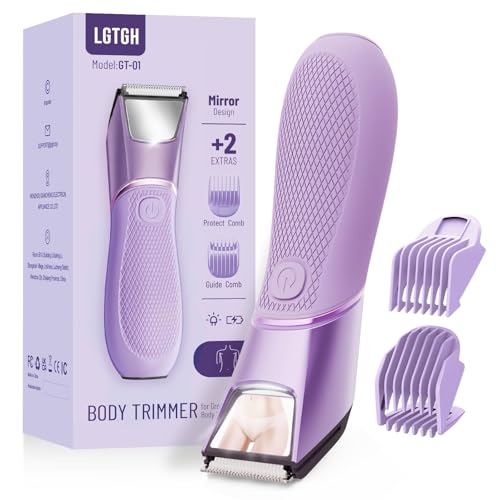 LGTGH Bikini Trimmer for Women: Pubic Hair Razor with Mirror & LED Light, Electric Shaver with Travel Lock & Ceramic Blades - Body Groomer IPX7 Waterproof Use for Legs/Arm/Underarm - Plum