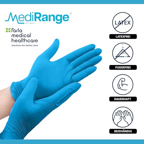 MediRange Nitrilhandschuhe M, Blau, robuste Einweghandschuhe, puderfrei, latexfrei, und proteinfrei, medizinisch, lebensmittelecht, vielseitig einsetzbar, 200 Stück