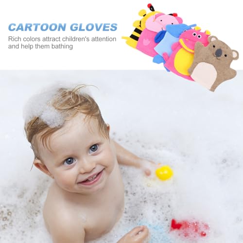 Image of Kids Bath Gloves 5 Pcs Cartoon Animal Shape Bath Mitts Soft Exfoliating Wash Mitts for Children Gentle Skin Cleaning Travel and Daily Use