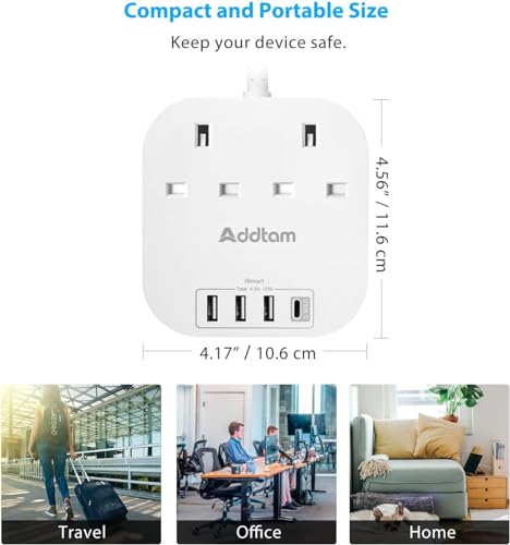 3M Extension Lead, Power Strips with 2 Way Outlets 4 USB (4.5A, 1 Type C and 3 USB A Ports) Surge Protection Plug Extension Socket with Braided Extension cord for Home/Office - Image 6