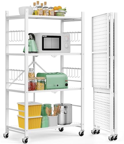 Himix Storage Shelves with 20 Hooks, 4-Tier Foldable Shelves for Storage, Folding Shelf Unit Pantry Shelves with Wheels, Metal Shelving Storage Rack Shelf for Kitchen Garage Home, White - No Assembly