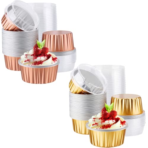 Eusoar Aluminum Foil Cupcake Baking Cups, Gold & Rose Gold 100 Pack Disposable Mini Aluminium Creme Brulee Ramekins Cupcake Liners, Foil Desert Cake Pans Flan Molds Tin Foil Cups Containers With Lids #TOP9