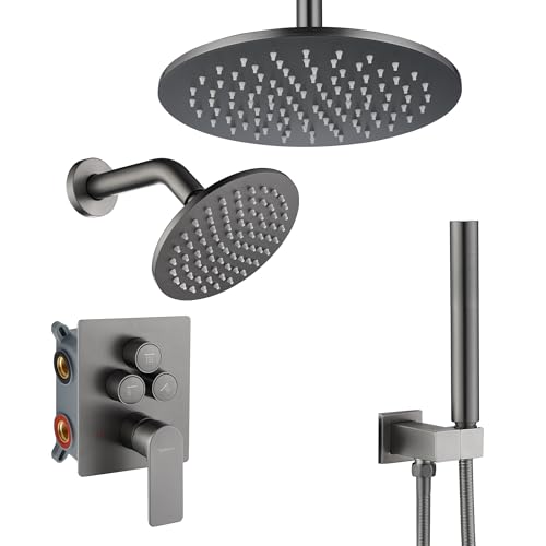 Tomfaucet Rain Shower System, Push Button Diverter Shower Faucet Set with 2 in 1 Handheld Spray, Wall Mount Shower, Ceiling Mount Shower Head 3-Function Rainfall Shower System-Gun Grey