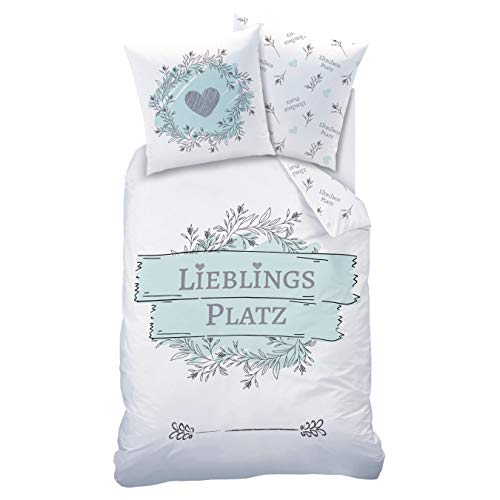 MTOnlinehandel LIEBLINGSPLATZ Bettwäsche 135x200 Baumwolle · Bettwäsche-Set · Teenager & Erwachsene, Blumen, Herz & Spruch - Kissenbezug 80x80 + Bettbezug 135x200 cm - 100% Baumwolle