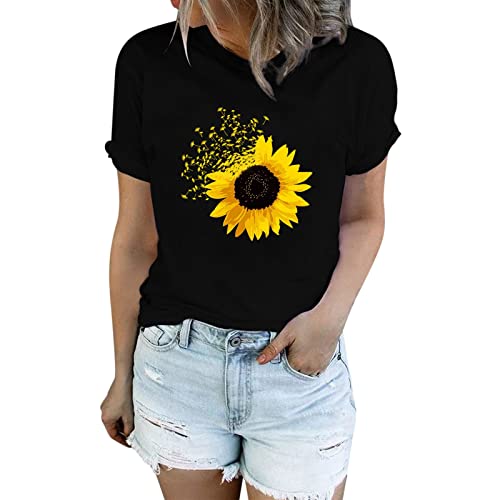 Clacce Camisas de girasol para mujer, lindas camisetas gráficas de diente de león, camiseta de verano para mujer, camiseta de manga corta, cuello redondo, camisas vintage, amarillo, L