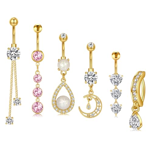 QWALIT Gold Dangle Belly Button Ring Dangling Belly Button Piercing Surgical Steel Hypoallergenic Dangly Navel Rings for Women Navel Ring Pink Dainty Trendy