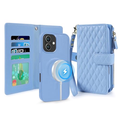 Lacass for iPhone 15/14/13 Case Wallet,Compatible with MagSafe 2 in 1 Magnetic Detachable PU Leather RFID Blocking Wallet Cover Card Holder Zipper Wrist Strap Lanyard,Quilted Blue