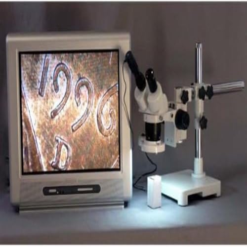 Image of AmScope SW-3B13Z-FRL Binocular Stereo Microscope, WH10x Eyepieces, 10X /20X /30X /60X Magnification, 1X /3X Objective, Single-Arm Boom Stand, 8W Fluorescent Ring Light, 110V-120V, Includes 2.0x Barlow Lens