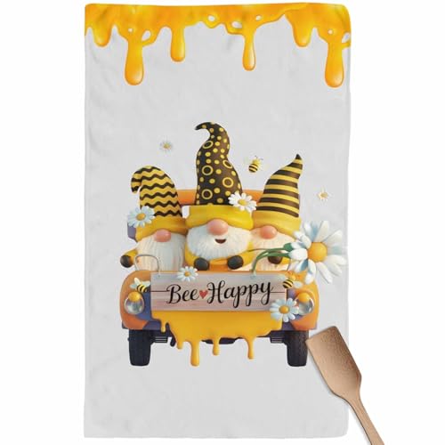 Bee Happy Kitchen Towels Dish Towel Pack of 1, Summer Bee Yellow Hats Gnomes Truck Daisy Floral Honey Grey Soft Dish Cloth Set Absorbent Dishcloth for Drying Dishes, Hand Towels 16 x 24 Inches