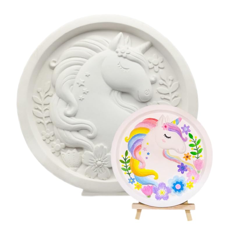 BYVUTE Listo para pintar cerámica, tu propia mesa, estatuas de unicornio pintables, decoración sin pintar, figuras de cerámica para niños y adultos, arte y manualidades, redondo