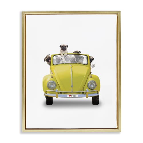 Yellow Antique Car Pugs Comic, 16 x 20 Inch Canvas in Floater Frame