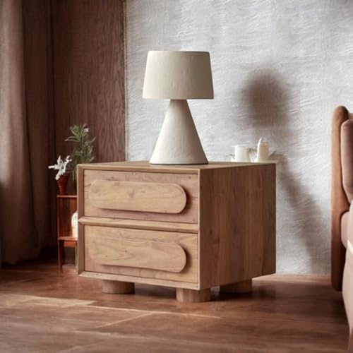 Image of MISAN Boston Solid Wood Bedside Table with Rattan Drawers Mid Century Night Stand for Living Room, Bedroom (X-Hony)