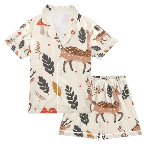 senya Deer with Mushroom Satin Summer Pajama Sets Silk Short Sleeve Button Down Sleepwear