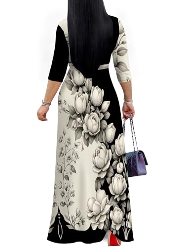 Image of PinkPatty Plus Size Maxi Dresses for Women Casual Flowy Long Dress 3 /4 Sleeve V Neck Wrap Dress with Belt