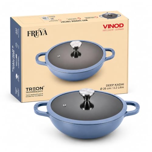 Image of Vinod Freya Cast Iron Deep Kadai with Glass Lid, 26 cm, 3.2L | TREON Technology Enamel Kadhai for Frying, Curry & Cooking | No Seasoning Required | 100% Pure & Toxin-Free | Induction & Gas Compatible
