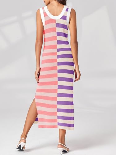 Image of Wenrine Womens Summer Striped Dress Sleeveless Knitted Contrast Color Side Slit Casual Maxi Beach Dress