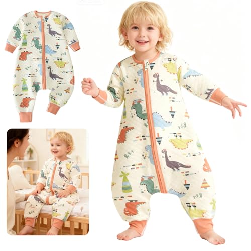 Homarket Organic Baby Sleep Sack, Long Sleeve Wearable Blanket with 2-Way Zipper and Mitten Cuffs, Breathable Cotton Sleeping Bag for All Seasons Baby Toddler Sleepwear (Khaki Dinosaur, S)