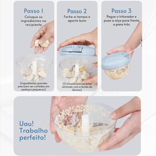 Mini Triturador Manual de Alimentos - Processador 3 Lâminas 500ml - Picador de Alho, Legumes e Mais