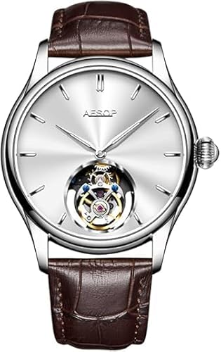 AESOP トゥールビヨン 機械式腕時計 ステンレス 超薄型 腕時計メンズ ドラフトマシン芯 サファイアガラス 本革ベルト 限定版 (ホワイト1)