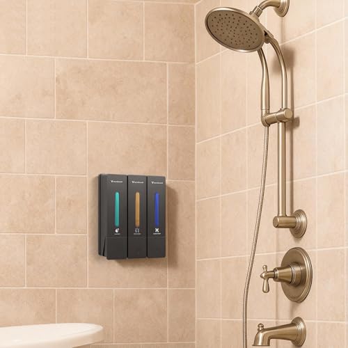 VrEnduuo Shampoo and Conditioner Dispenser,Shower Dispenser 3 Chamber No Drill,Shower Soap Dispenser Wall Mounted for Bathroom Hotel with Upgrade Pump Head,3 * 400ml, (Gray 3 Chamber) by VrEnduuo - Image 6
