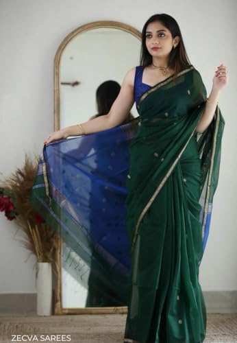 ZECVA Women's Pure Spun Linen Cotton Lichi Silk Saree With Attach Unstitch Blouse Piece (DARK GREEN BLUE)
