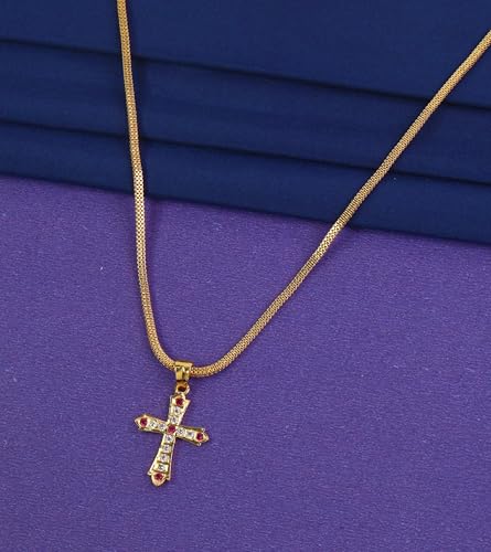 Image of CUTE GOLD One Gram Micro Gold Plated Men Style Lord Jesus Cross Pendant Chain For Mens And Womens (24 inch)(DC-1166)