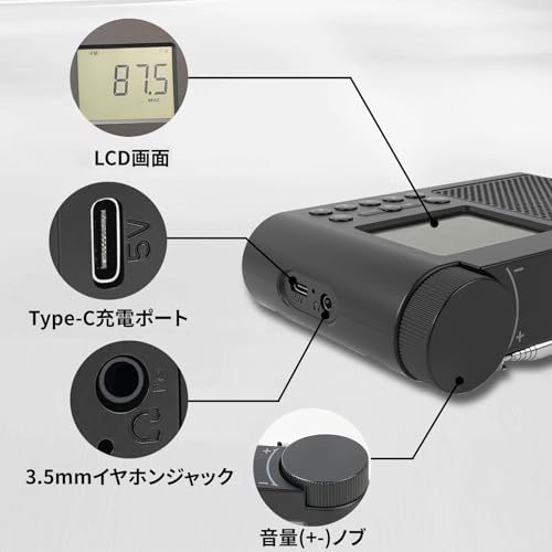WOVTE ラジオ 小型 FM/AM ポータブルラジオ USB-C 充電式 LCD画面 携帯ラジオ 時計/プリセット機能