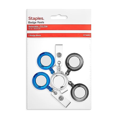 Staples Badge Reels, 33-inch Retractable Cord Length, Vinyl/Metal, Assorted Colors, 15/Carton (ST36682/36682VS)