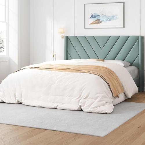 Image of Yaheetech Queen Bed Frame Upholstered Platform Bed /Wooden Slat Support /Tufted Headboard with Wing Side /Mattress Foundation /No Box Spring Needed,Blue Lake Queen