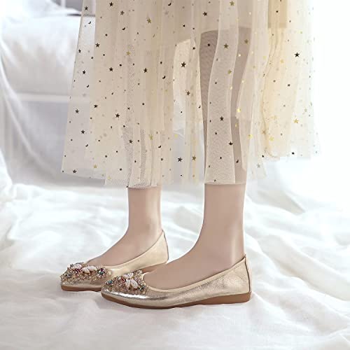 Hee Grand Foldable Ballet Flats For Women Sparkly Rhinestones Bee Buckle Soft Leather Pointed Toe Slip On Loafers Casual Flats Big Size,Gold 7 #TOP4