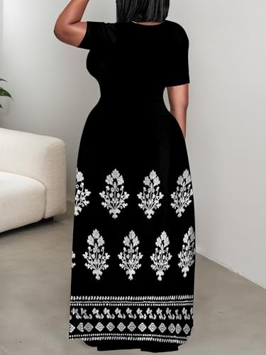 Image of PinkPatty Plus Size Maxi Dress for Curvy Women Crew Neck Long Sleeves Casual Dress Vacation Sundresses with Pockets