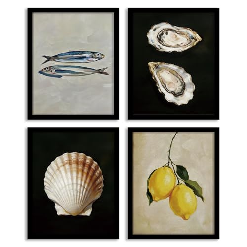 Image of WEFKODO Vintage Beach Shell Sardine Lemon Wall Art Painting Picture Prints, Coastal Room Beach Wall Decor Posters 4Pcs, Beachy Decor for Home Living Room Bathroom Farmhouse, 8x10 Unframed