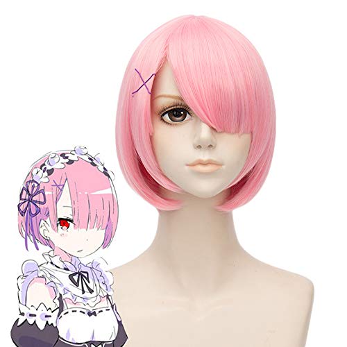 Short Pink Wig for Ram Cosplay Girl Women Lolita Anime Bob Wigs with Bangs for Halloween + Free Cap