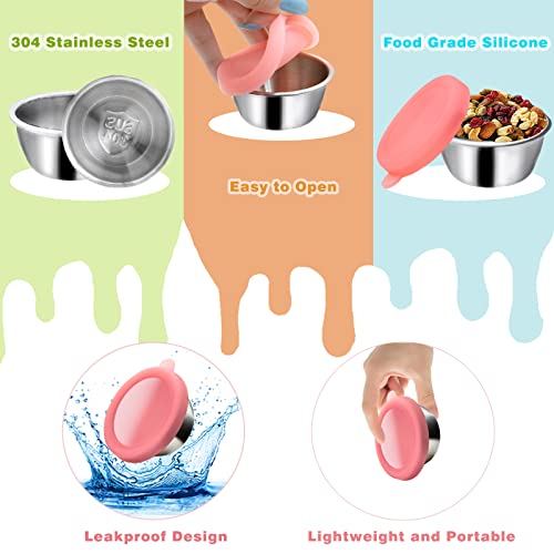 Gumball 6 Pack Salad Dressing Container To Go, 1.6Oz Stainless Steel Sauce Containers Condiment Cups With 8 Silicone Lids For Lunch Bento Box, Leakproof, Easy To Open - 1 Extra Deep Clean Brush #TOP3