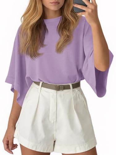 Image of Tankaneo Womens Oversized Batwing Short Sleeve T Shirts Summer Casual Round Neck Tunic Tops Loose Fit Basic Tees