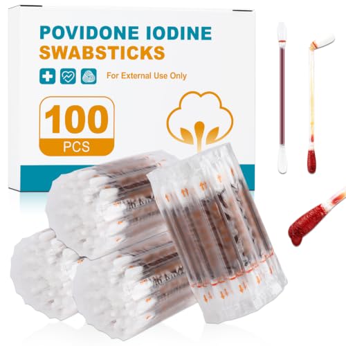 100CT Povidone Iodine Swabsticks – Individually Wrapped Iodine Cotton Swabs for Wound Care, Nasal Cleansing, Pre-Injection Skin Prep, First Aid Medical Supplies, Emergency Care at Home & On the Go