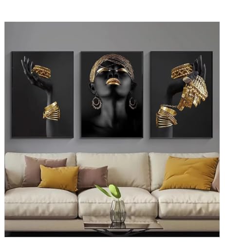 Affiche Toile Salon Femme Africaine Peinture Portrait Noir et Or 40x60
